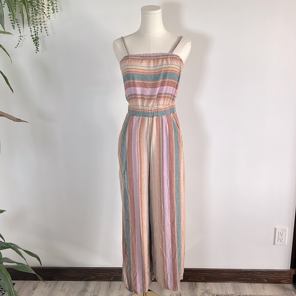 American Eagle Boho Chic Linen Blend Colorful Striped Wide Leg Cropped Jumpsuit - Picture 1 of 9